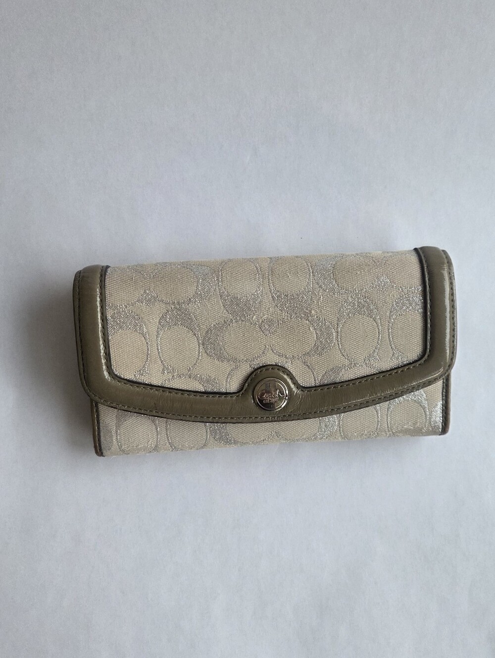 Vintage Coach Continental Wallet in Beige Jacquard with Taupe Trim